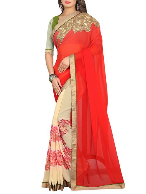red & beige georgette printed half and half saree with blouse - 13669899 - Very Small Image - 1