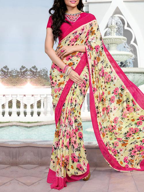 pink georgette floral printed saree with blouse - 13669920 - Very Small Image - 1