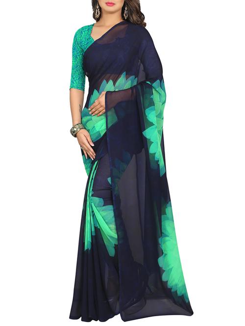 blue georgette floral printed saree with blouse - 13669929 - Very Small Image - 1