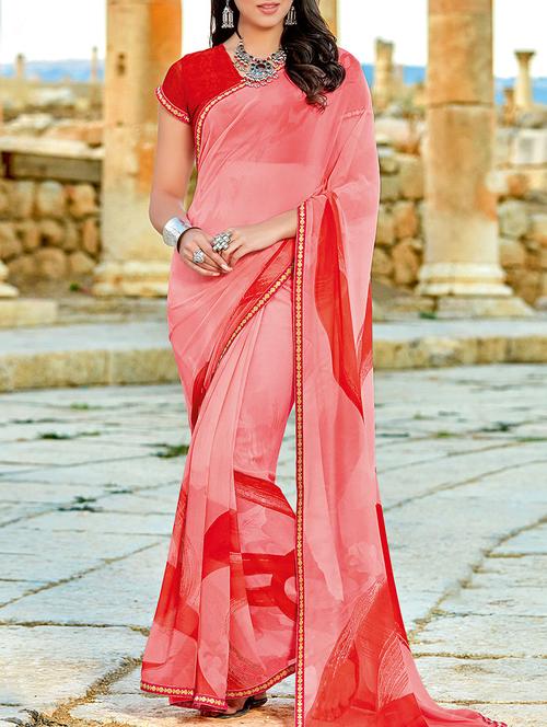 pink georgette printed saree with blouse - 13669948 - Very Small Image - 1