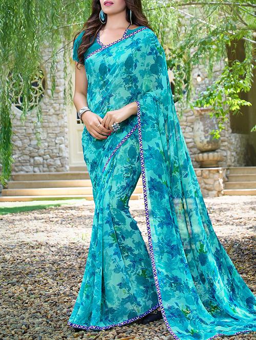 lace bordered floral printed saree  with blouse - 13669968 - Very Small Image - 1