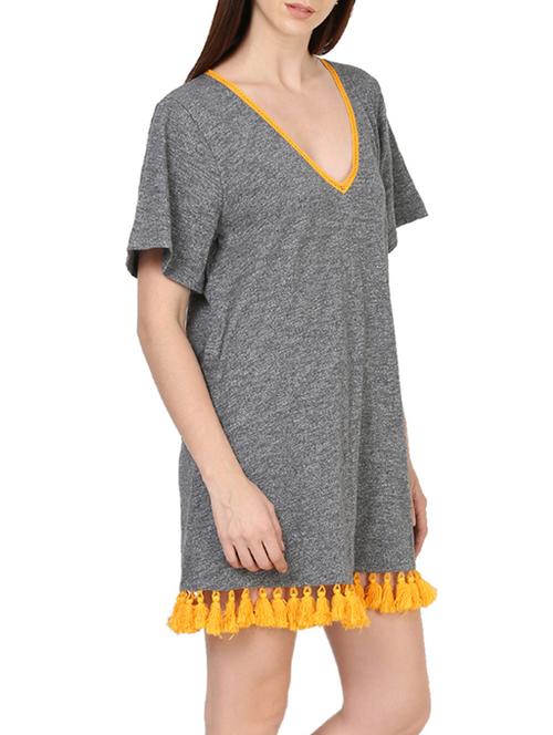 grey v-neck boxy jersey dress with golden yellow tassel  - 13672289 - Very Small Image - 1