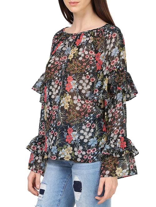 black floral print frill top - 13672323 - Very Small Image - 1