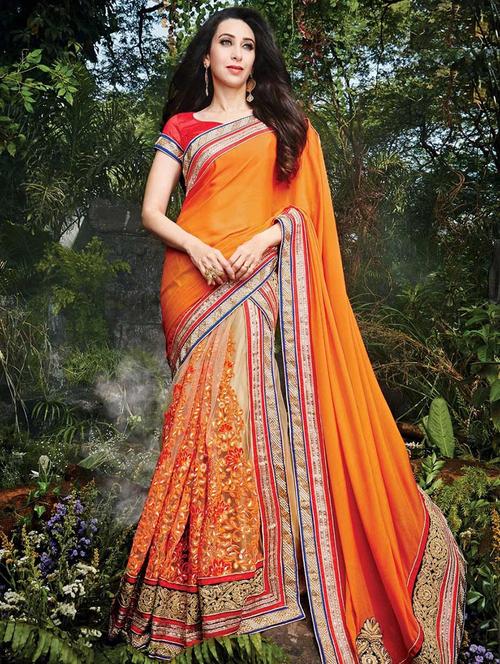 orange satin & net embroidered half and half saree with blouse - 13675170 - Very Small Image - 1