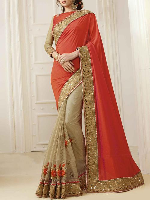 peach & beige silk embroidered half and half saree with blouse - 13675178 - Very Small Image - 1