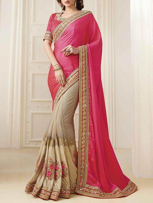 pink & beige silk embroidered half and half saree with blouse - 13675179 - Very Small Image - 1