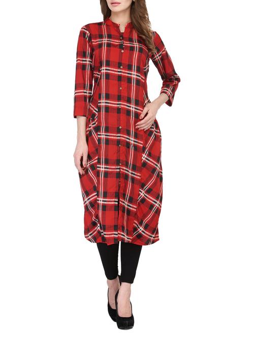red crepe checkered long kurta - 13675330 - Very Small Image - 1