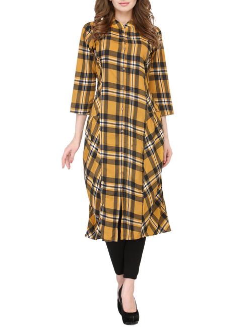 yellow crepe checkered a-line kurta - 13675331 - Very Small Image - 1