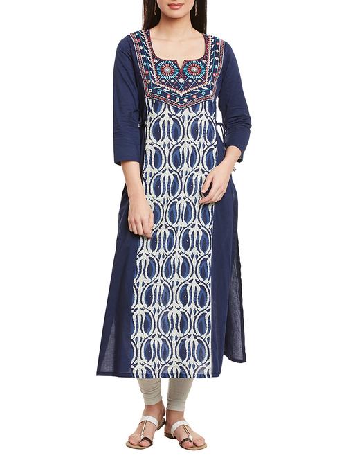 indigo cotton embroidered straight kurta - 13675357 - Very Small Image - 1