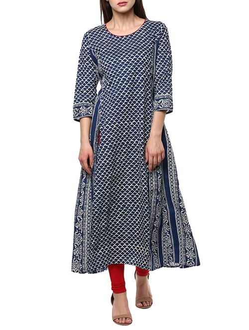 indigo cotton printed flared kurta - 13675386 - Very Small Image - 1