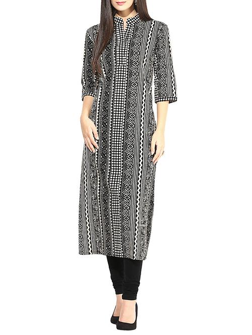 black cotton printed long kurta - 13675572 - Very Small Image - 1