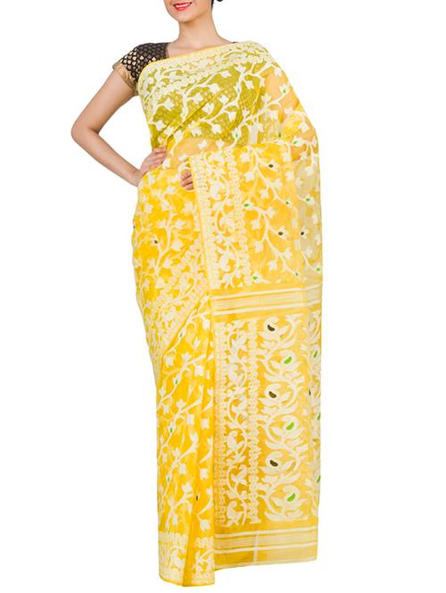 yellow cotton silk jamdani saree - 13678758 - Very Small Image - 1