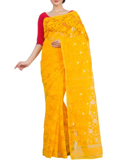 yellow  cotton silk jamdani saree - 13678811 - Very Small Image - 1