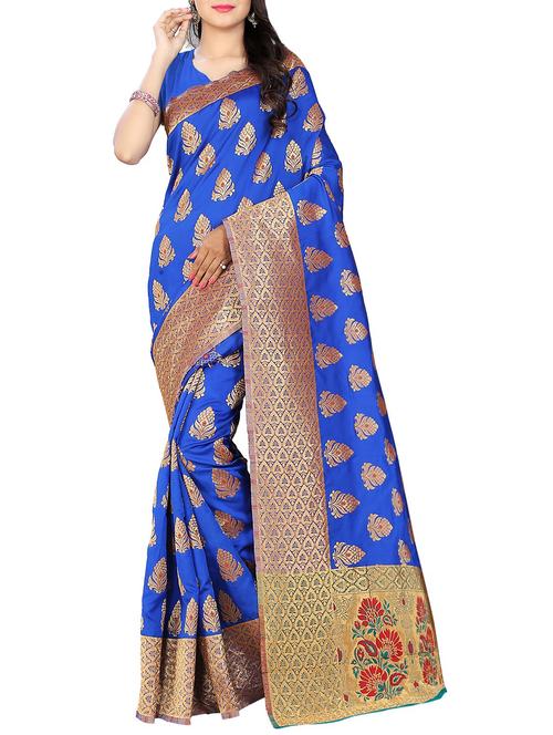 royal blue colored woven saree with blouse - 13680518 - Very Small Image - 1