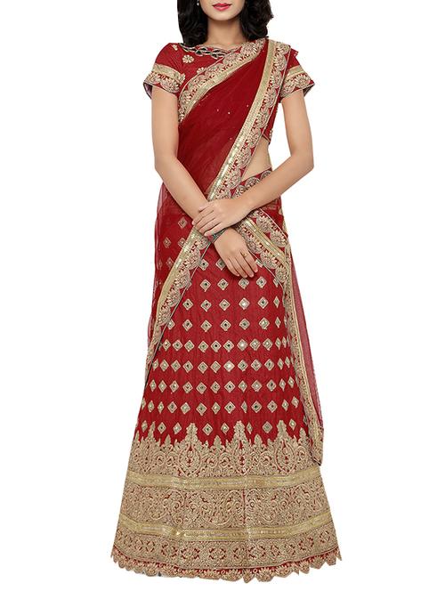 red raw silk panelled lehenga - 13681570 - Very Small Image - 1