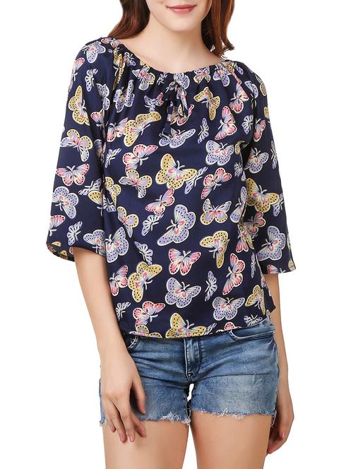 navy blue printed polycrepe regular top - 13685224 - Very Small Image - 1