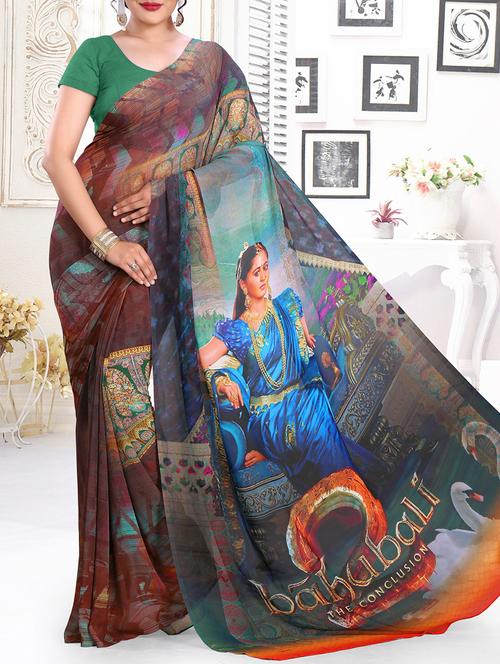 brown digital printed saree with blouse - 13685952 - Very Small Image - 1