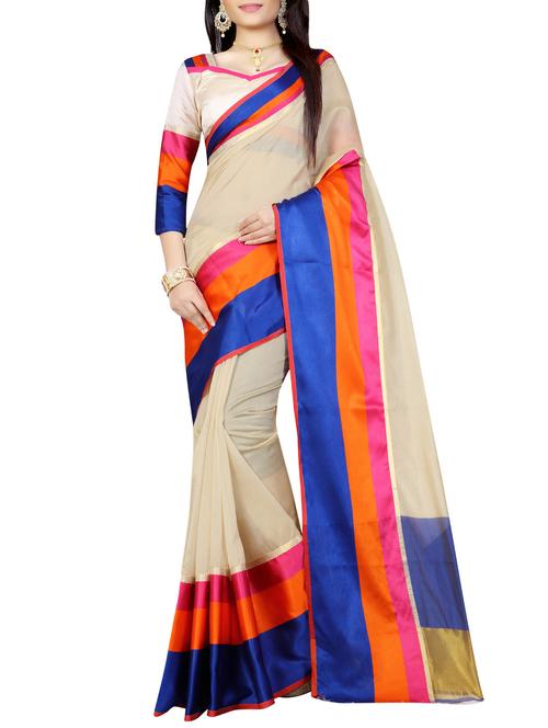 beige poly silk bordered saree with blouse - 13688201 - Very Small Image - 1