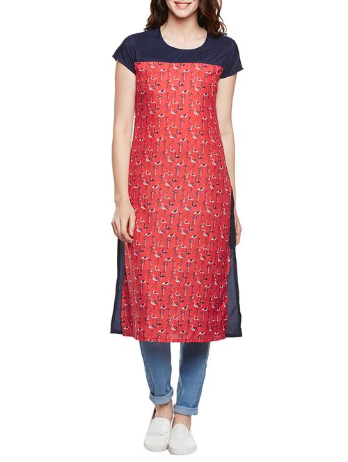 red poly crepe printed straight kurta - 13689003 - Very Small Image - 1