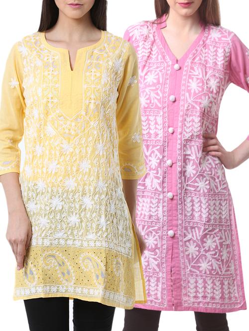 multi coloured cotton embroidered kurtas combo (set of 2) - 13690248 - Very Small Image - 1