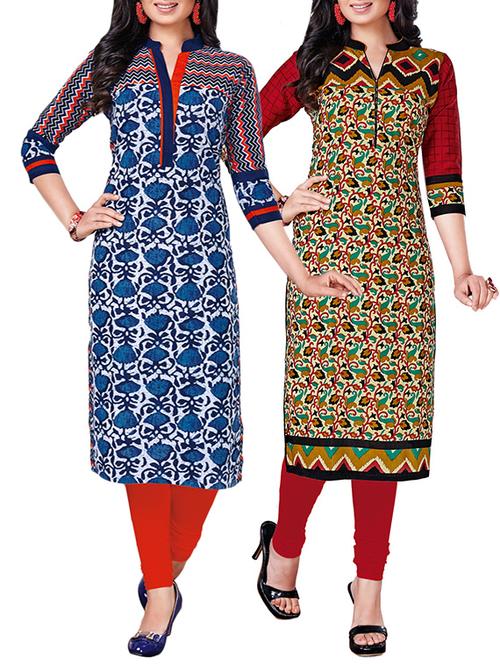 combos (set of 2) multi colored cotton unstitched kurta - 13692078 - Very Small Image - 1