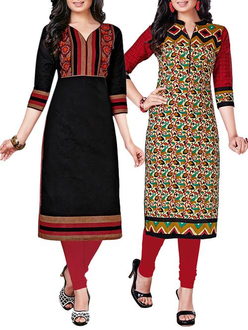 combos (set of 2 ) multi colored cotton unstitched kurta - 13692124 - Very Small Image - 1
