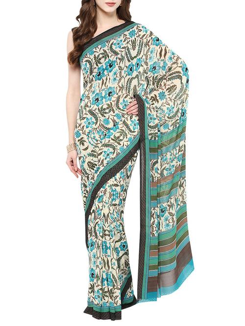 women's floral white colored saree with blouse - 13692248 - Very Small Image - 1