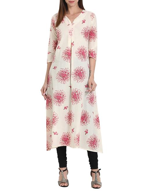 Beige cotton a-line kurta - 13693028 - Very Small Image - 1