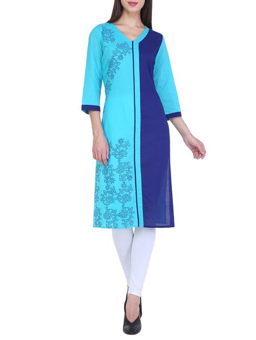 turquoise cotton straight kurta - 13694935 - Very Small Image - 1