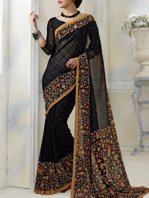 black georgette printed saree with blouse - 13697693 - Very Small Image - 1