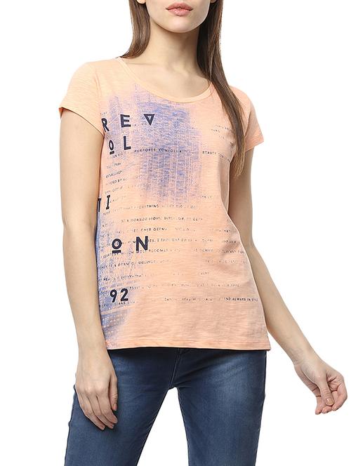 peach printed cotton regular tee - 13697869 - Very Small Image - 1