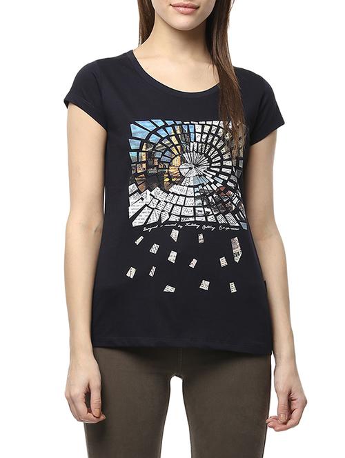 Black Printed Cotton Regular Tee - 13697872 - Very Small Image - 1