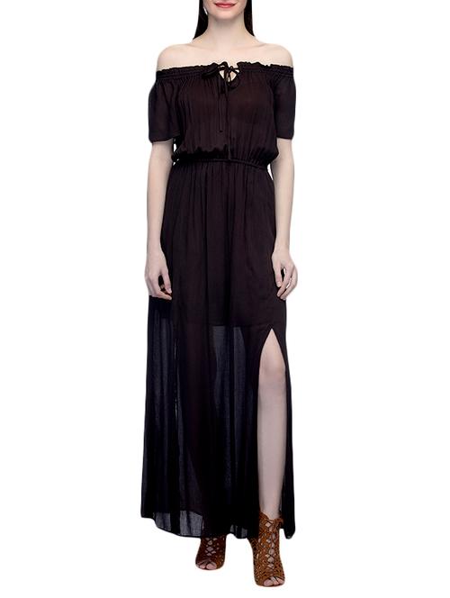 brown viscose off shoulder dress - 13698660 - Very Small Image - 1