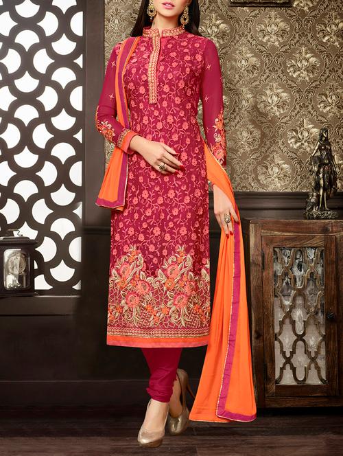 pink embroidered churidaar suits semi-stitched suit - 13698742 - Very Small Image - 1