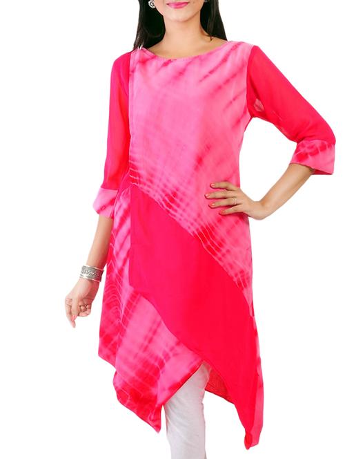 pink georgette asymmetric tie and dye  kurta - 13712139 - Very Small Image - 1