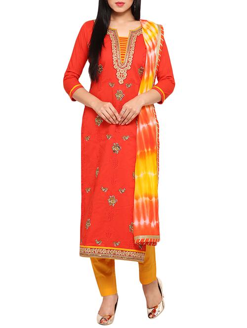 orange cotton blend unstitched suit - 13713401 - Very Small Image - 1