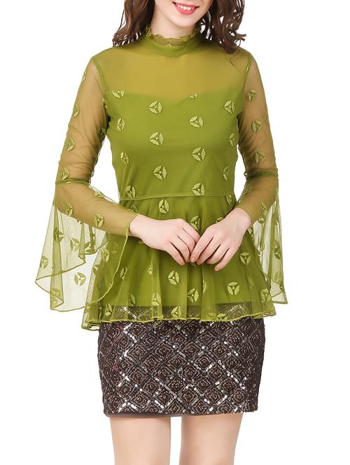 olive bell sleeved embroidered peplum top - 13714631 - Very Small Image - 1