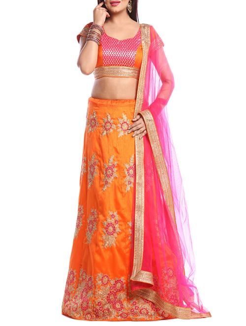 orange silk embroidered unstitched lehenga - 13716462 - Very Small Image - 1