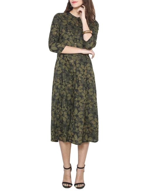 dark green cotton printed a-line kurta - 13717146 - Very Small Image - 1