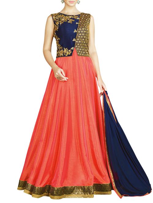 peach flared embroidered dress material - 13718659 - Very Small Image - 1