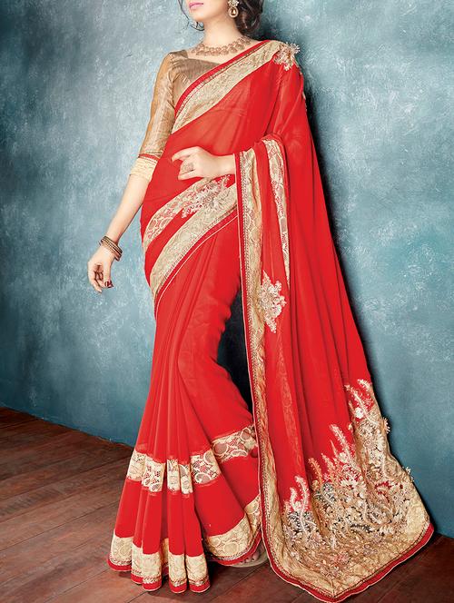 red georgette embroidered saree with blouse - 13719411 - Very Small Image - 1