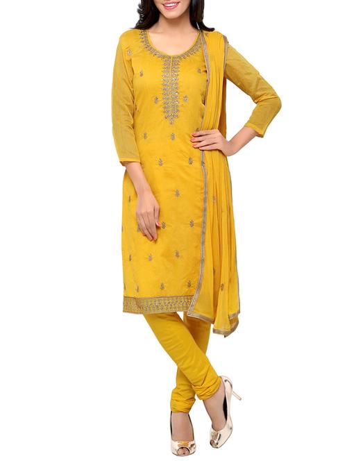 yellow chanderi cotton embellished churidaar suits unstitched suit - 13720354 - Very Small Image - 1