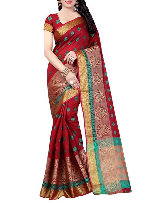 maroon cotton silk woven saree with blouse - 13720504 - Very Small Image - 1