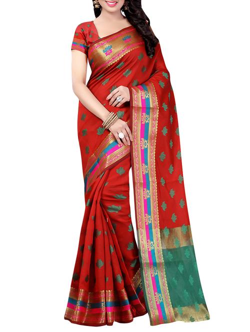 red cotton silk woven saree with blouse - 13721023 - Very Small Image - 1
