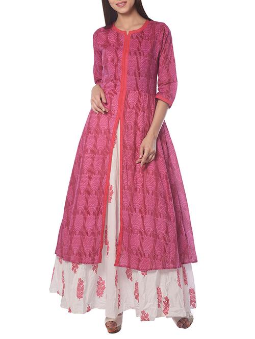 pink cotton printed high slit kurta - 13724232 - Very Small Image - 1