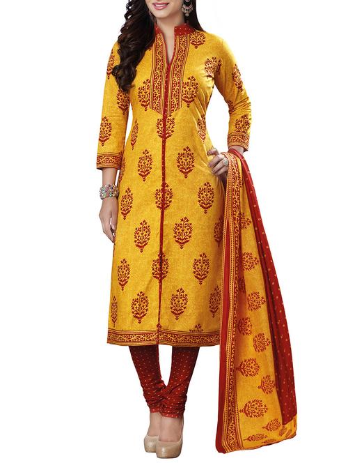 mustard cotton churidaar suits unstitched suit - 13725294 - Very Small Image - 1