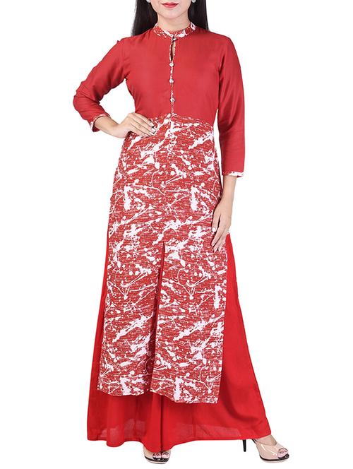red rayon printed kurta palazzo set - 13728042 - Very Small Image - 1