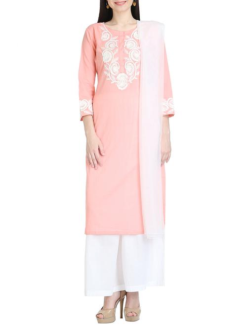 pink hand embroidered kurta dupatta set - 13728272 - Very Small Image - 1