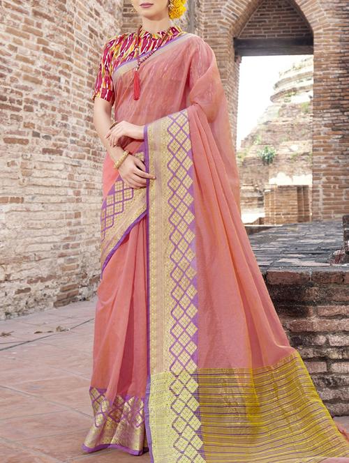 peach cotton blend saree with blouse - 13729863 - Very Small Image - 1