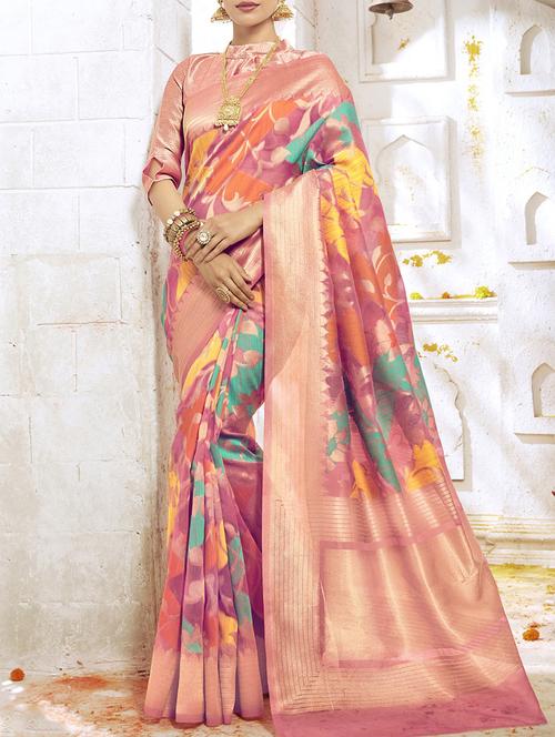 pink cotton blend saree with blouse - 13729883 - Very Small Image - 1